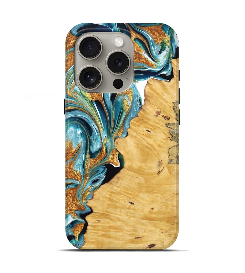 iPhone 16 Pro Wood Live Edge Phone Case - Asaiah (Teal & Gold, 769612)
