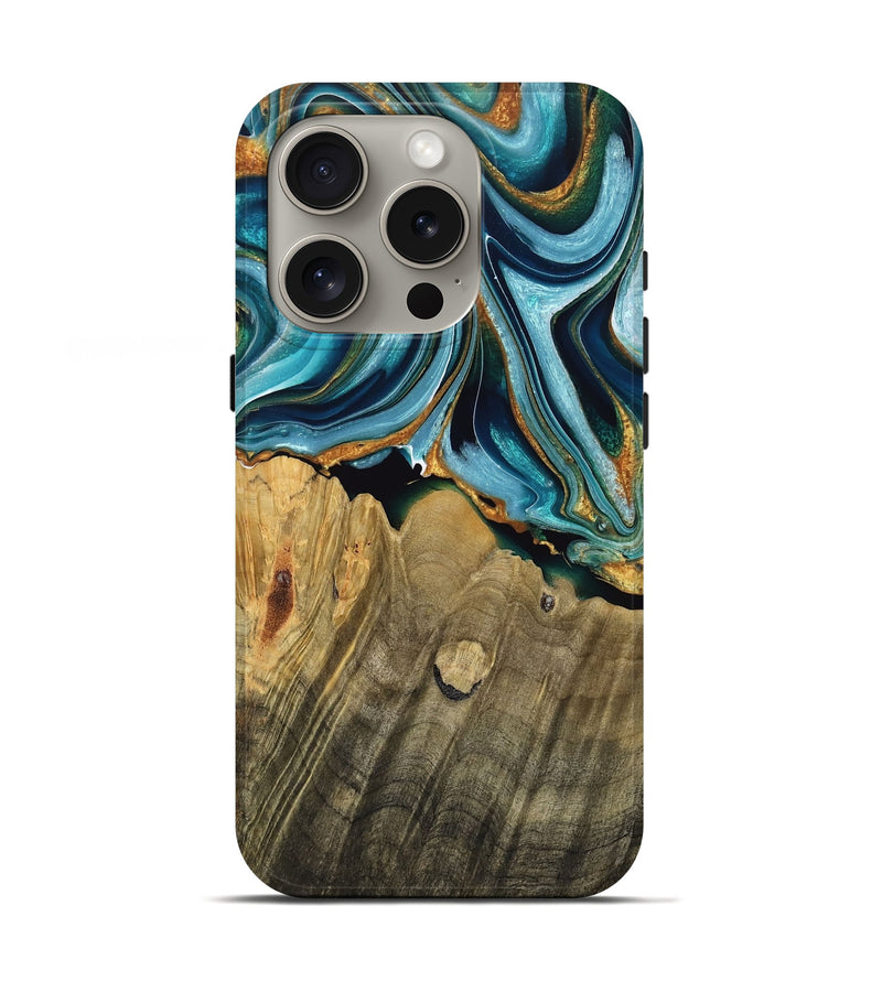 iPhone 16 Pro Wood Live Edge Phone Case - Rowena (Teal & Gold, 769613)