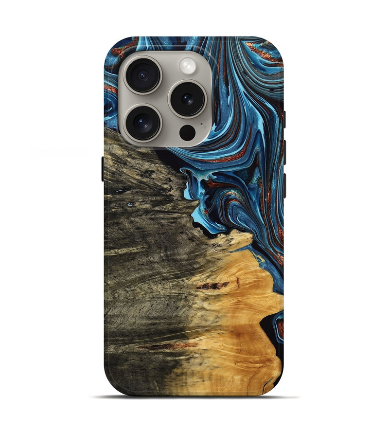 iPhone 16 Pro Wood Live Edge Phone Case - Nico (Teal & Gold, 769618)