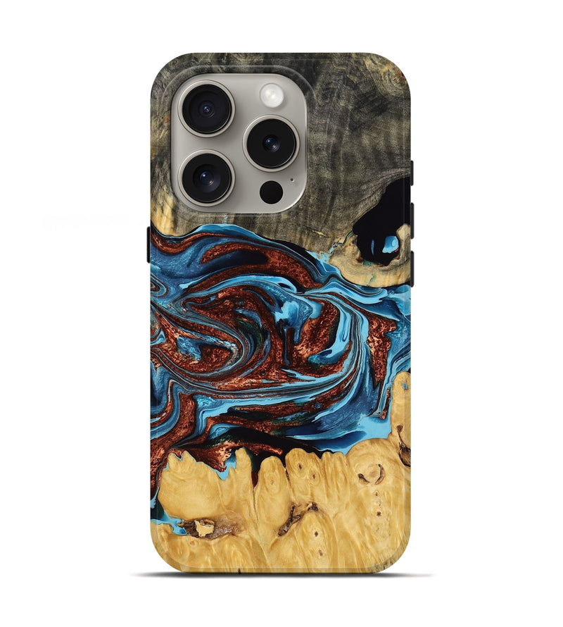 iPhone 16 Pro Wood Live Edge Phone Case - Zavier (Teal & Gold, 769619)