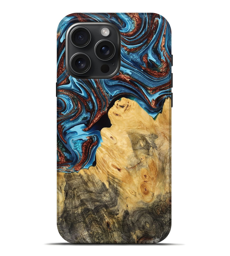 iPhone 16 Pro Max Wood Live Edge Phone Case - Damari (Teal & Gold, 769620)