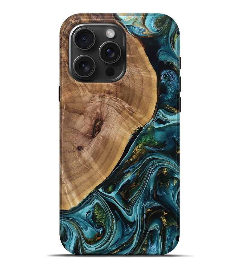 iPhone 16 Pro Max Wood Live Edge Phone Case - Ozzy (Teal & Gold, 769993)