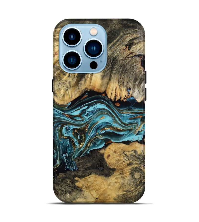 iPhone 14 Pro Wood Live Edge Phone Case - Hali (Teal & Gold, 770215)