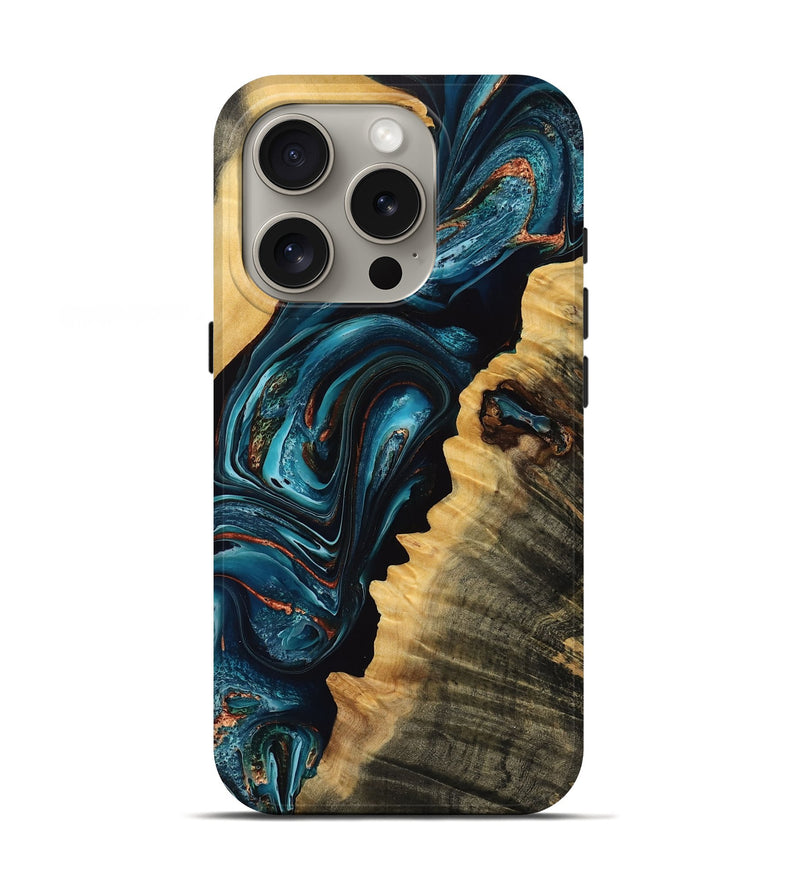 iPhone 16 Pro Wood Live Edge Phone Case - Wren (Teal & Gold, 770763)
