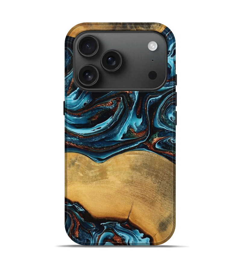 iPhone 17 Pro Wood Live Edge Phone Case - Candace (Teal & Gold, 770766)