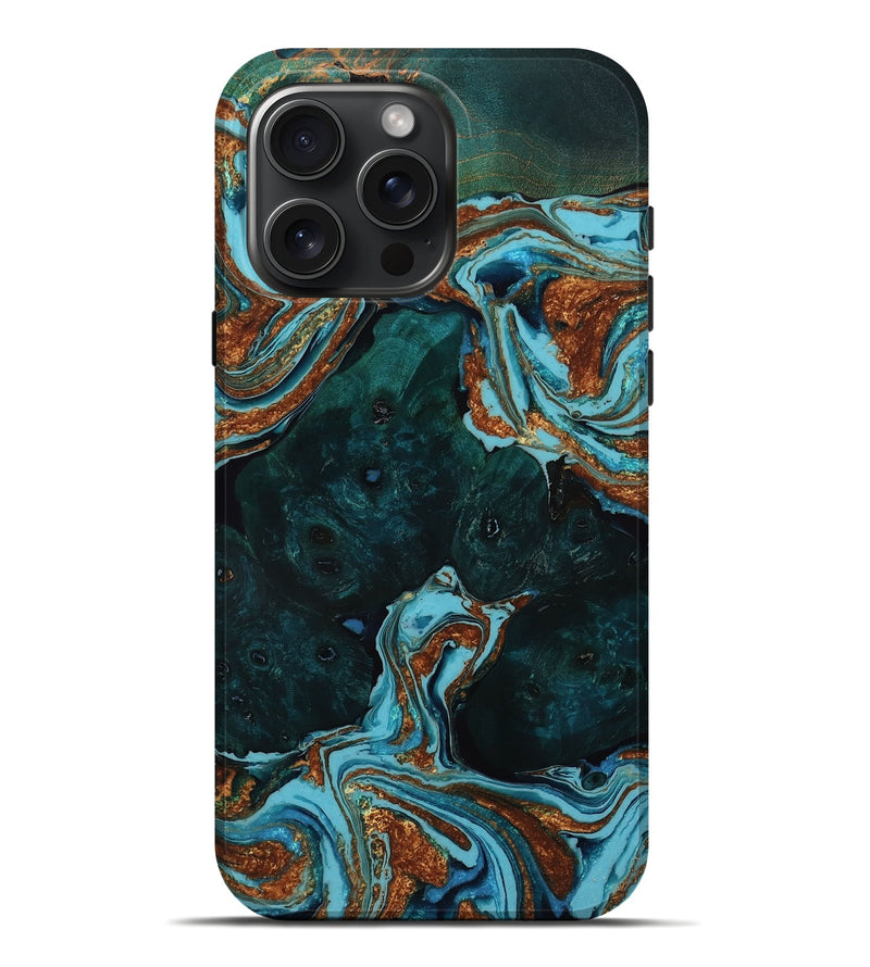 iPhone 16 Pro Max Wood Live Edge Phone Case - Damaris (Teal & Gold, 771318)