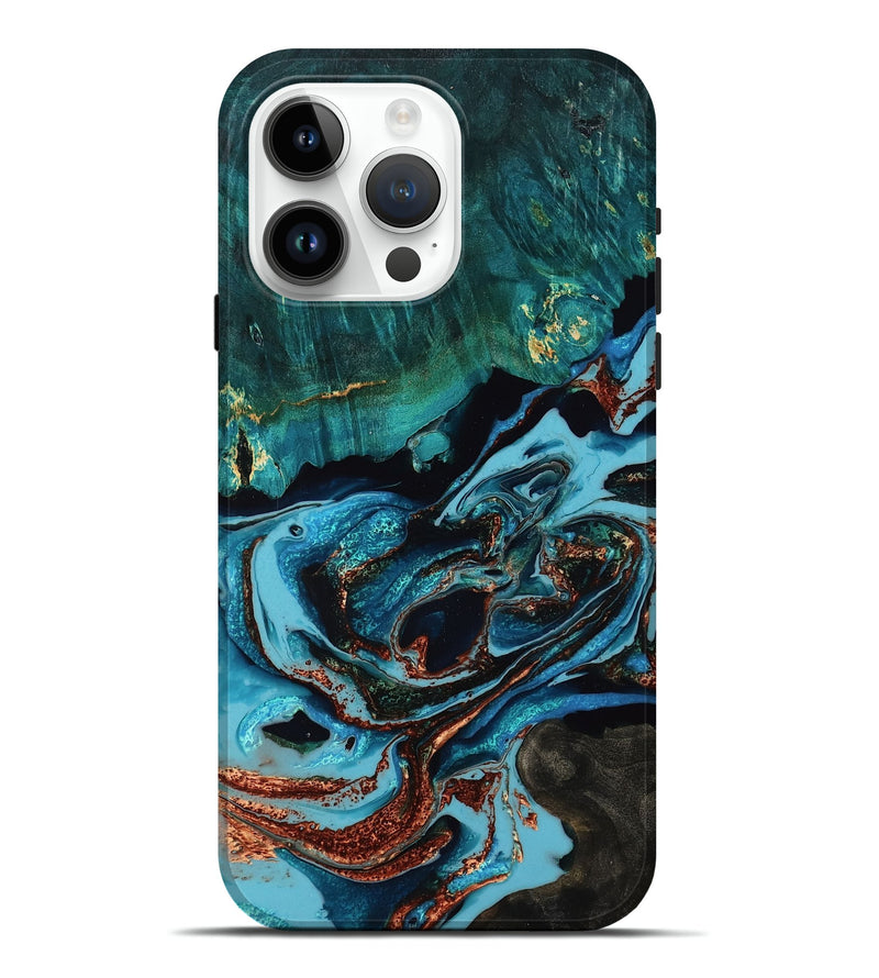 iPhone 15 Pro Max Wood Live Edge Phone Case - Jannie (Teal & Gold, 771733)