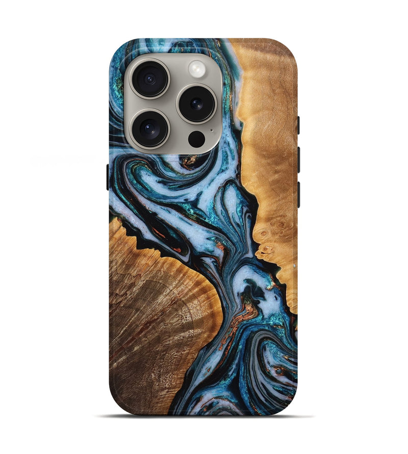 iPhone 16 Pro Wood Live Edge Phone Case - Jacalyn (Teal & Gold, 771734)