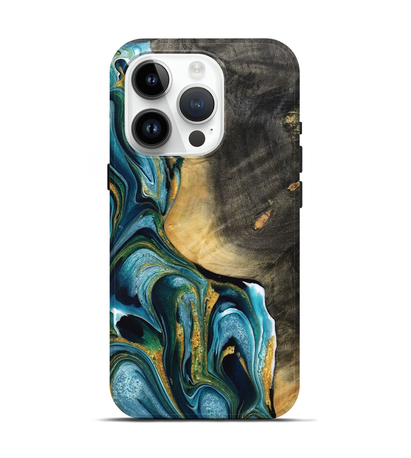 iPhone 15 Pro Wood Live Edge Phone Case - Jacey (Teal & Gold, 771735)