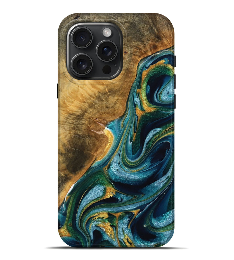 iPhone 16 Pro Max Wood Live Edge Phone Case - Sky (Teal & Gold, 771736)