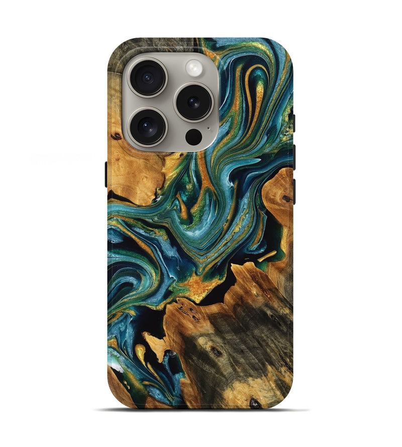 iPhone 16 Pro Wood Live Edge Phone Case - Eliseo (Teal & Gold, 771737)