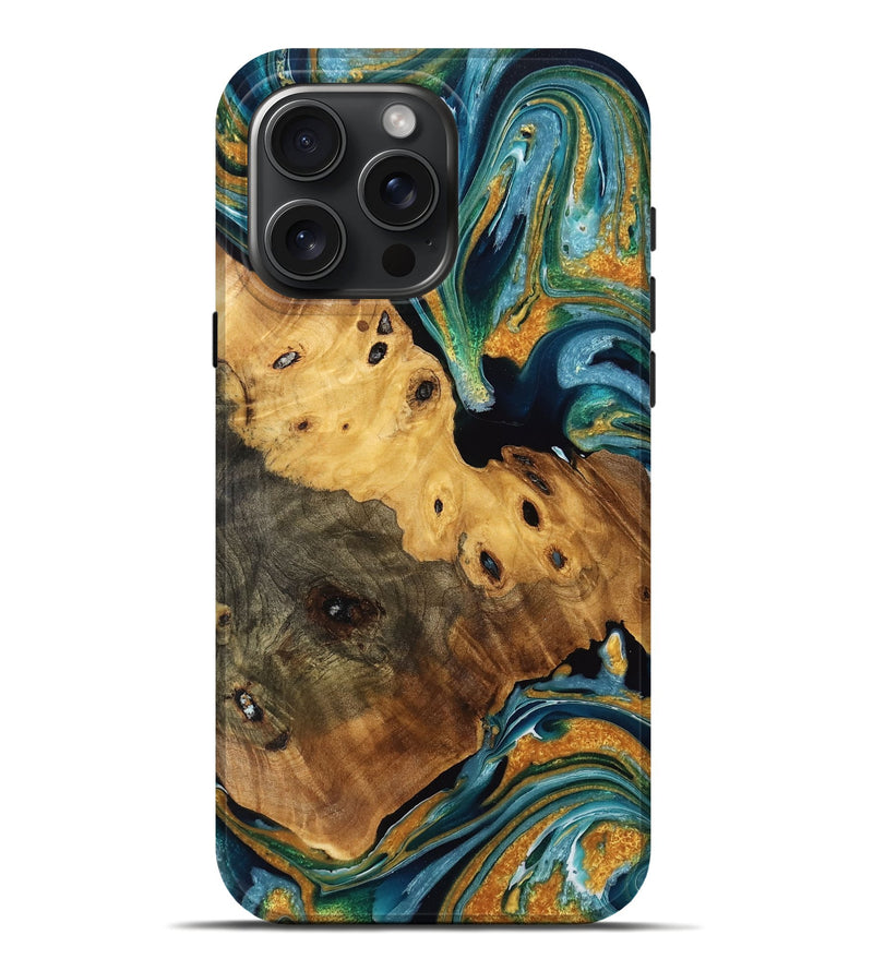 iPhone 16 Pro Max Wood Live Edge Phone Case - Aubree (Teal & Gold, 771740)
