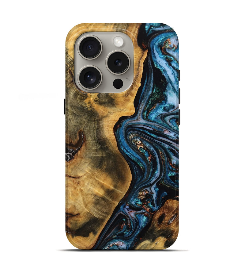iPhone 16 Pro Wood Live Edge Phone Case - Luz (Teal & Gold, 771741)