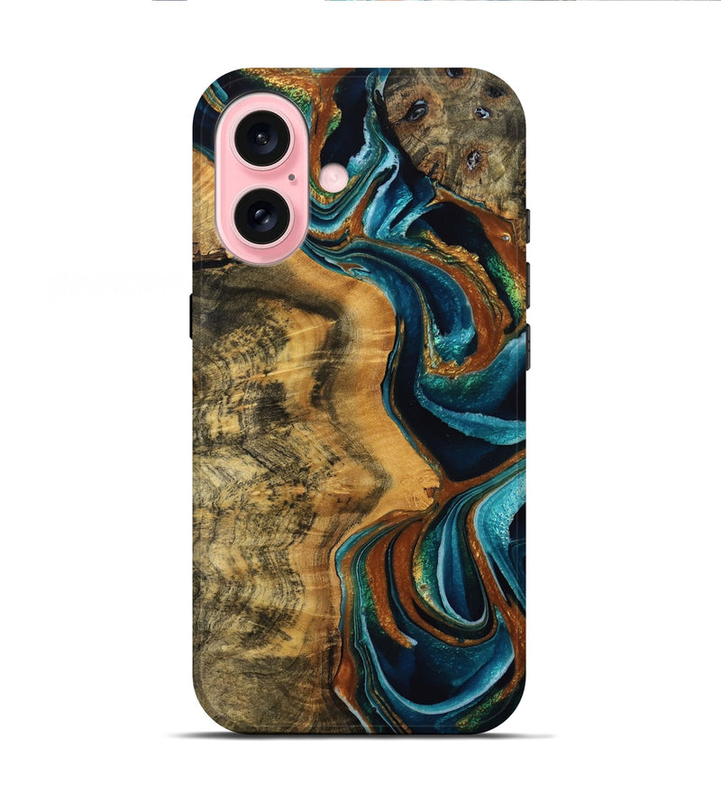 iPhone 16 Wood Live Edge Phone Case - Cherish (Teal & Gold, 771743)
