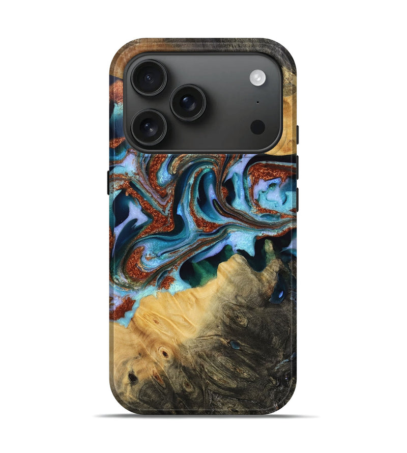 iPhone 17 Pro Wood Live Edge Phone Case - Debora (Teal & Gold, 771949)