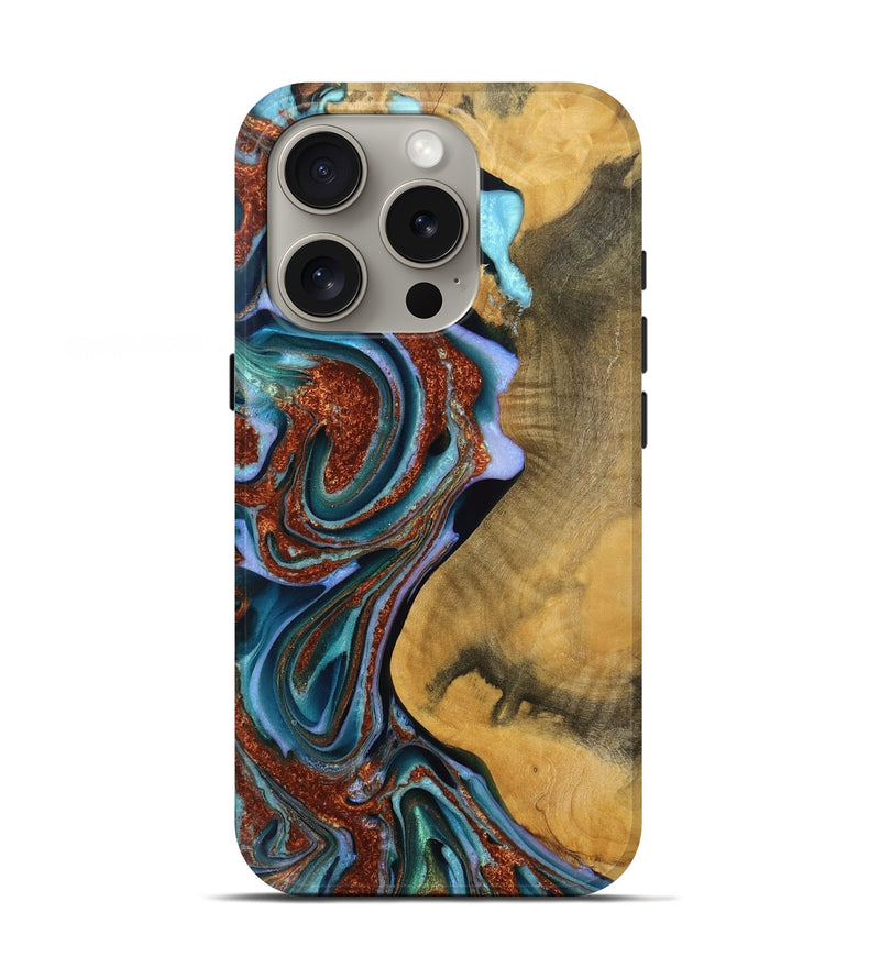 iPhone 16 Pro Wood Live Edge Phone Case - Ailany (Teal & Gold, 771950)