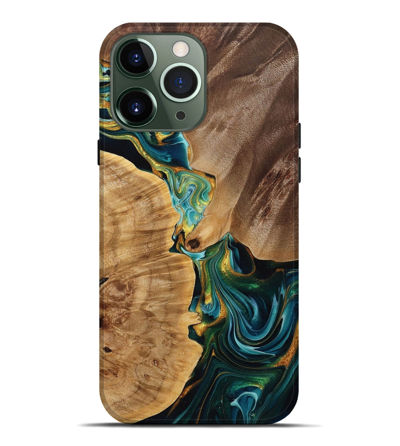 iPhone 13 Pro Max Wood Live Edge Phone Case - Dayna (Teal & Gold, 772508)