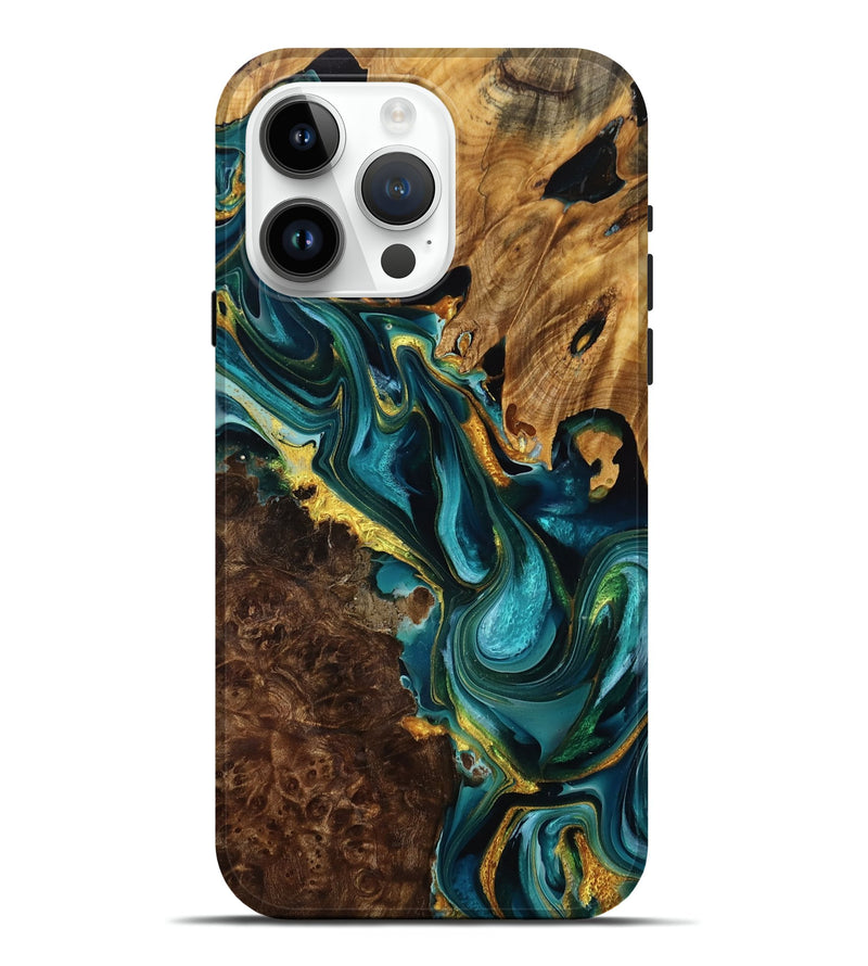 iPhone 15 Pro Max Wood Live Edge Phone Case - Teresa (Teal & Gold, 772648)
