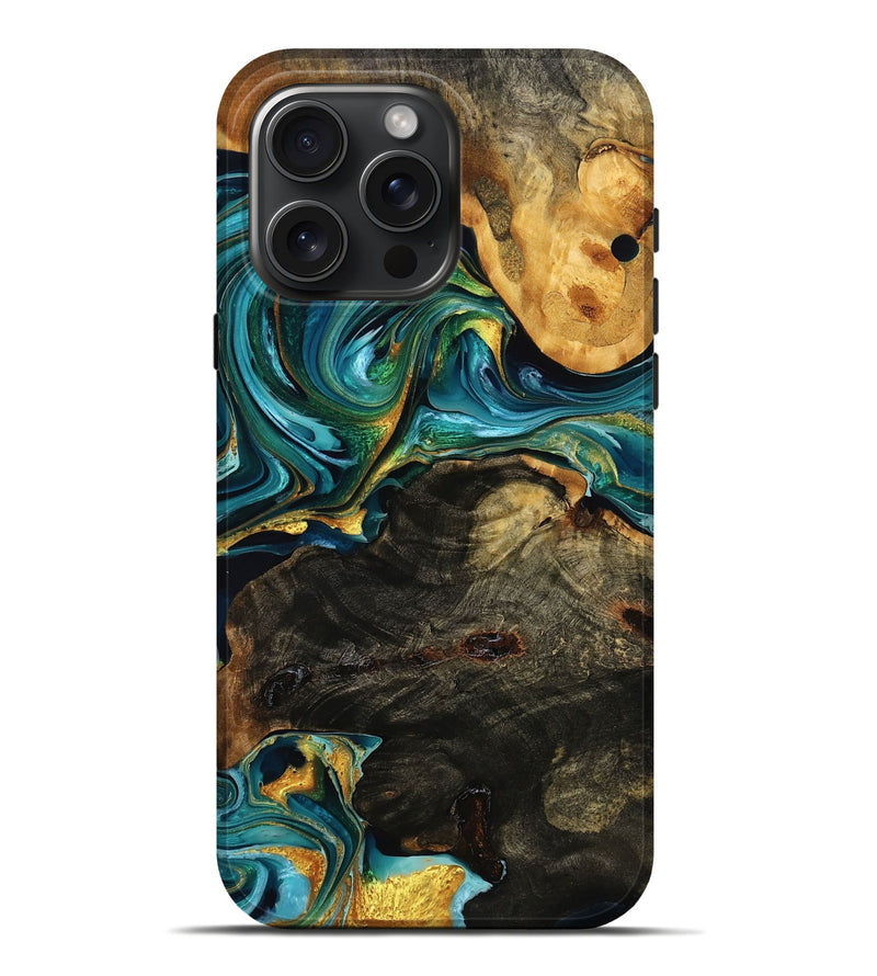 iPhone 16 Pro Max Wood Live Edge Phone Case - Stewart (Teal & Gold, 772650)
