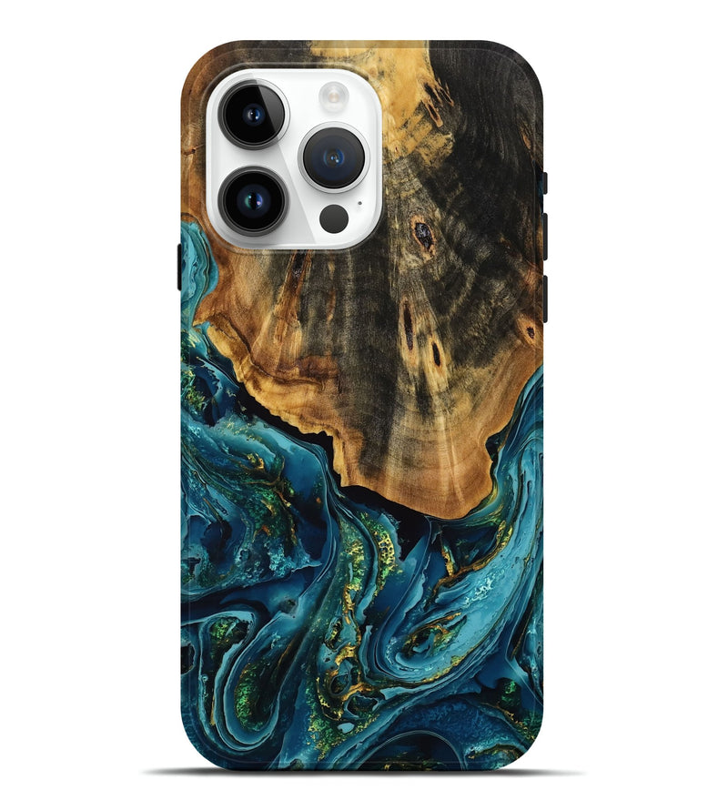 iPhone 15 Pro Max Wood Live Edge Phone Case - Azul (Teal & Gold, 772927)