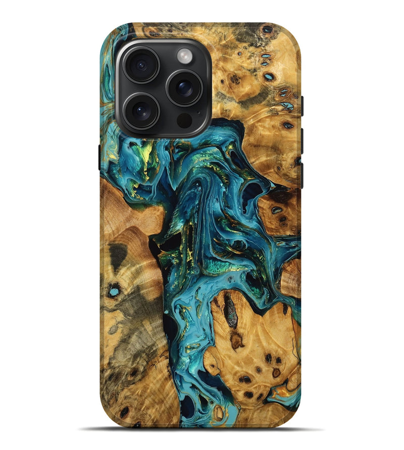 iPhone 16 Pro Max Wood Live Edge Phone Case - Lakelyn (Teal & Gold, 772934)