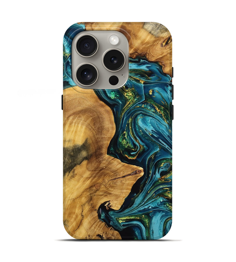 iPhone 16 Pro Wood Live Edge Phone Case - Jimena (Teal & Gold, 772938)
