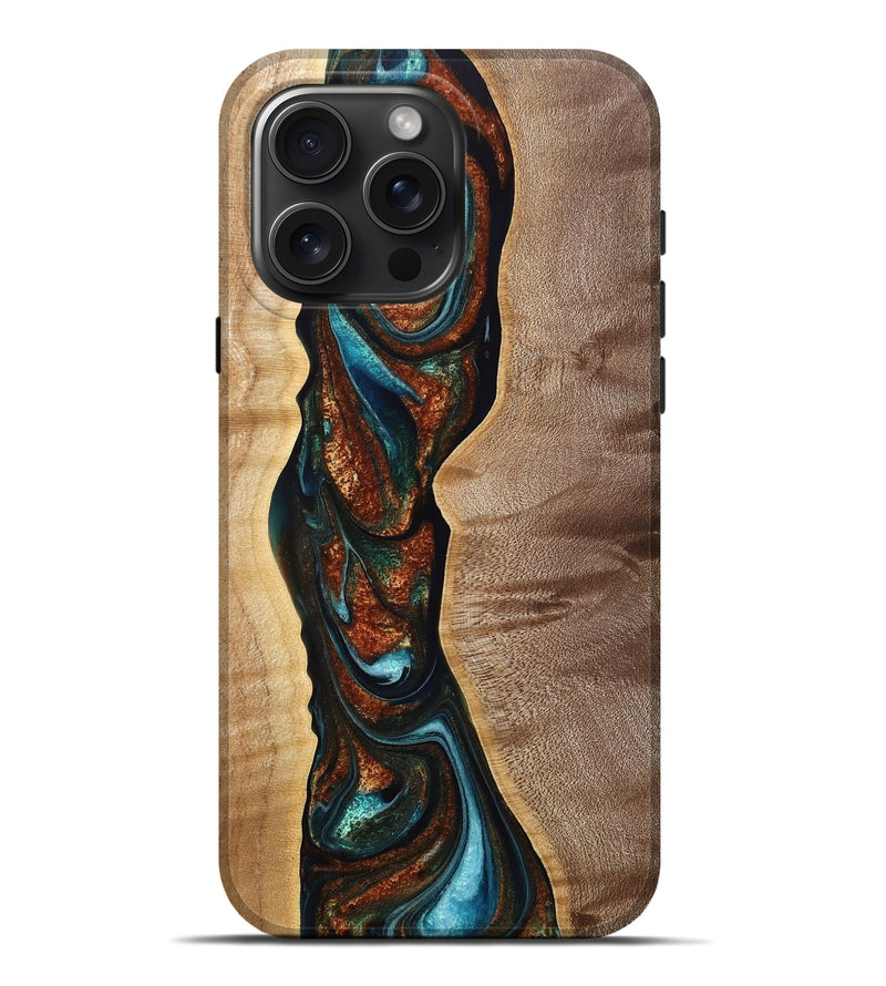 iPhone 16 Pro Max Wood Live Edge Phone Case - Heidy (Teal & Gold, 772944)