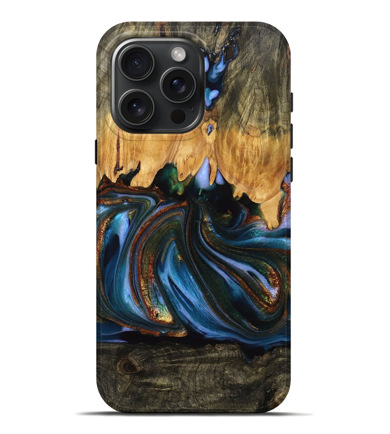 iPhone 16 Pro Max Wood Live Edge Phone Case - Kelsey (Teal & Gold, 772947)