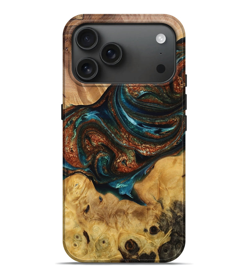 iPhone 17 Pro Max Wood Live Edge Phone Case - Marie (Teal & Gold, 772948)