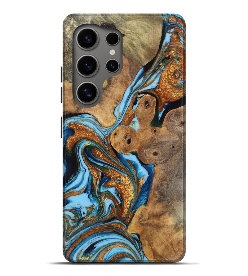 Galaxy S25 Ultra Wood Live Edge Phone Case - Ashlie (Teal & Gold, 773686)