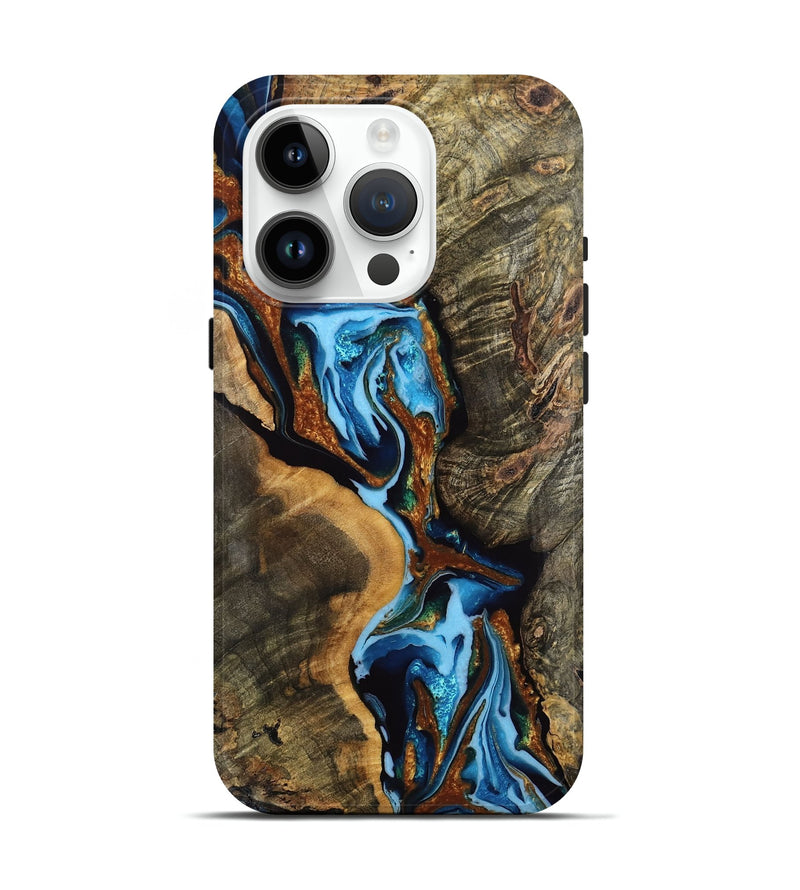 iPhone 15 Pro Wood Live Edge Phone Case - Jolie (Teal & Gold, 773707)