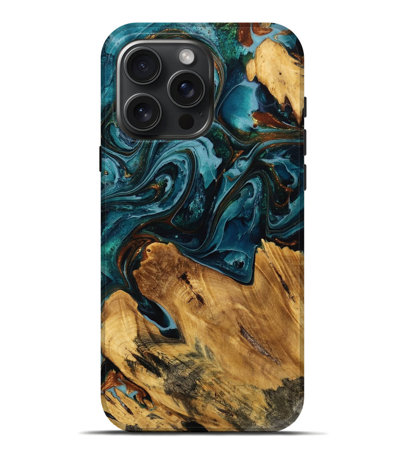 iPhone 16 Pro Max Wood Live Edge Phone Case - Ebony (Teal & Gold, 773962)