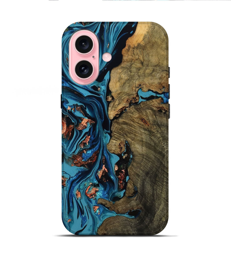iPhone 16 Wood Live Edge Phone Case - Dylan (Teal & Gold, 773967)