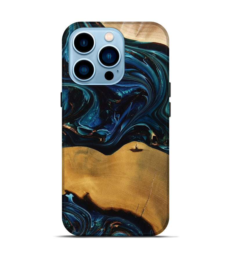 iPhone 14 Pro Wood Live Edge Phone Case - Rogers (Teal & Gold, 774267)