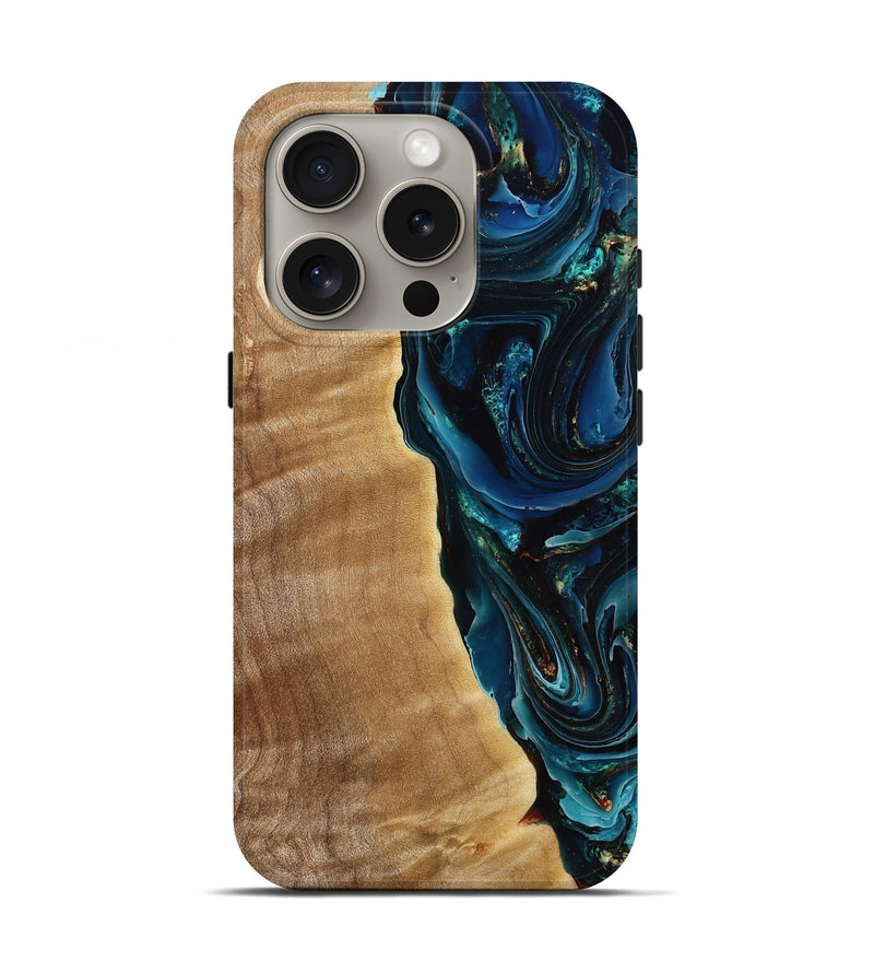 iPhone 16 Pro Wood Live Edge Phone Case - Reta (Teal & Gold, 774268)