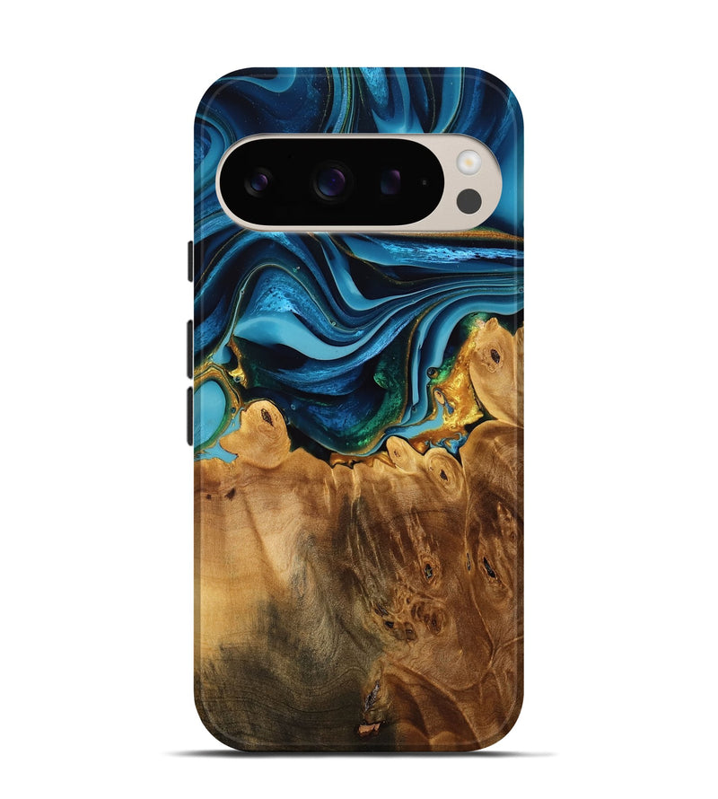 Pixel 9 Pro Wood Live Edge Phone Case - Velma (Teal & Gold, 774594)