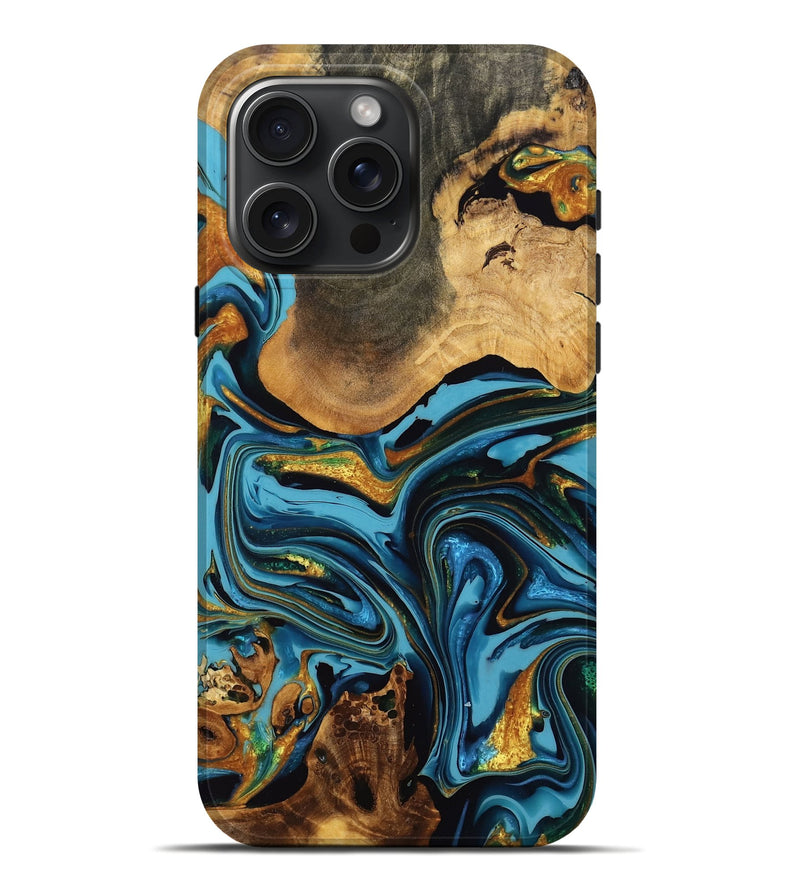 iPhone 16 Pro Max Wood Live Edge Phone Case - Amira (Teal & Gold, 774597)