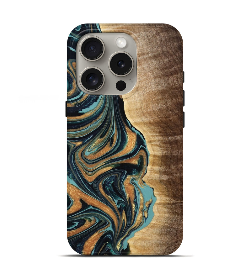iPhone 16 Pro Wood Live Edge Phone Case - Andie (Teal & Gold, 775190)