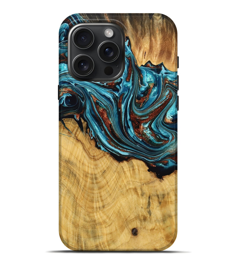 iPhone 16 Pro Max Wood Live Edge Phone Case - Dorsey (Teal & Gold, 775191)
