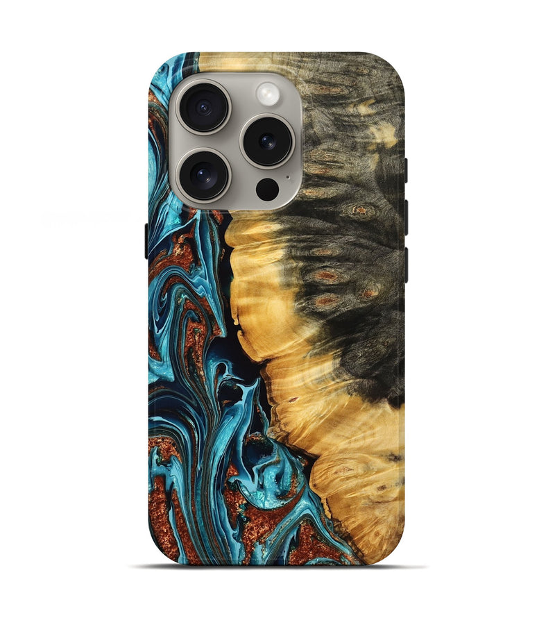 iPhone 16 Pro Wood Live Edge Phone Case - Alayah (Teal & Gold, 775192)