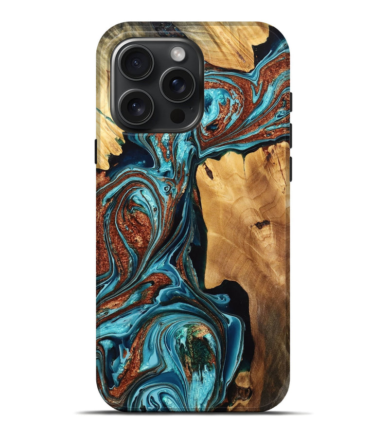 iPhone 16 Pro Max Wood Live Edge Phone Case - Antoine (Teal & Gold, 775193)
