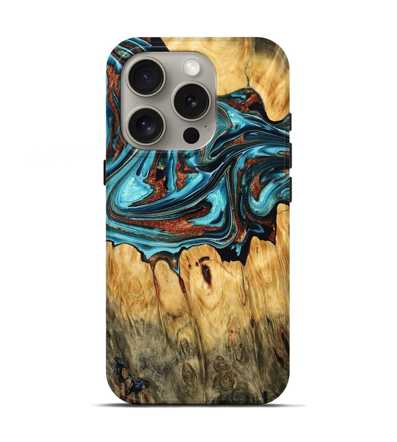 iPhone 16 Pro Wood Live Edge Phone Case - Felecia (Teal & Gold, 775195)