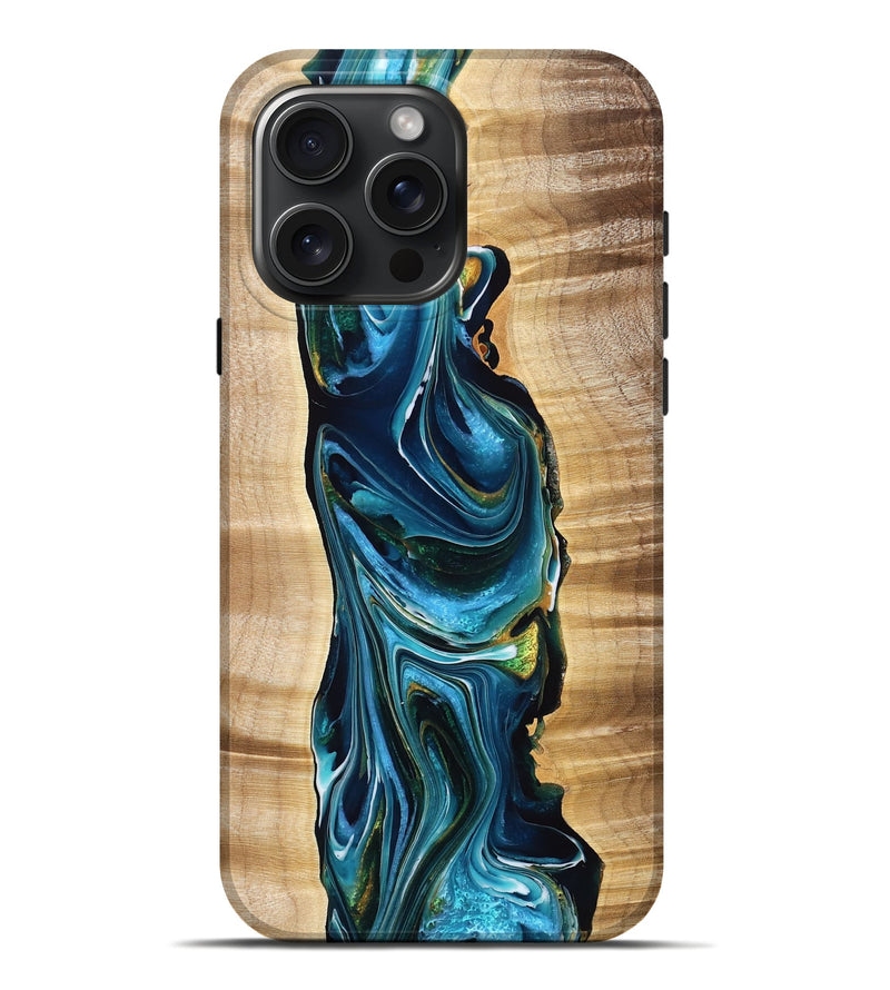 iPhone 16 Pro Max Wood Live Edge Phone Case - Brock (Teal & Gold, 775196)