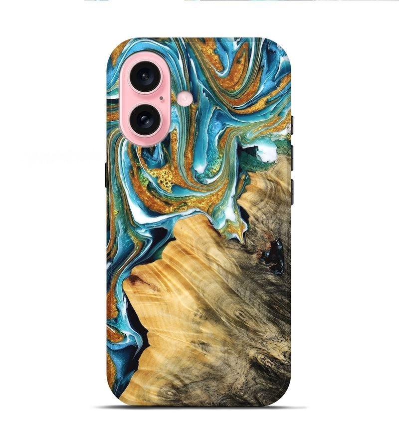 iPhone 16 Wood Live Edge Phone Case - Israel (Teal & Gold, 775198)