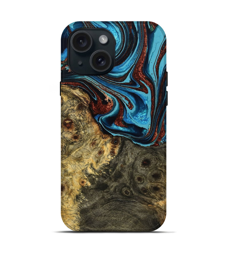 iPhone 15 Wood Live Edge Phone Case - Infant (Teal & Gold, 775200)