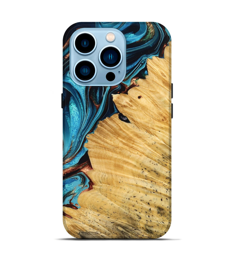 iPhone 14 Pro Wood Live Edge Phone Case - Rosalee (Teal & Gold, 775203)