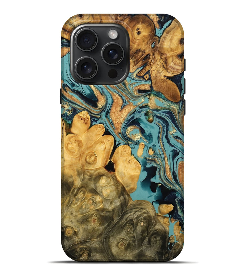 iPhone 16 Pro Max Wood Live Edge Phone Case - Paxton (Teal & Gold, 775204)