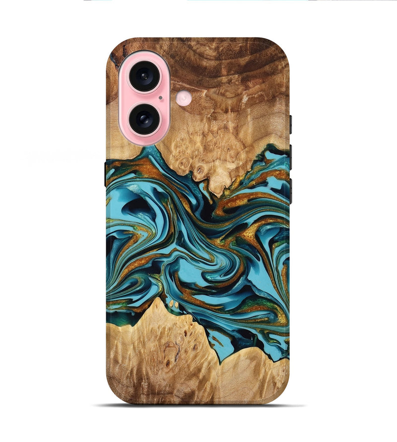 iPhone 16 Wood Live Edge Phone Case - Catina (Teal & Gold, 775606)