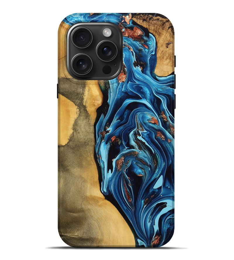 iPhone 16 Pro Max Wood Live Edge Phone Case - Odie (Teal & Gold, 775629)