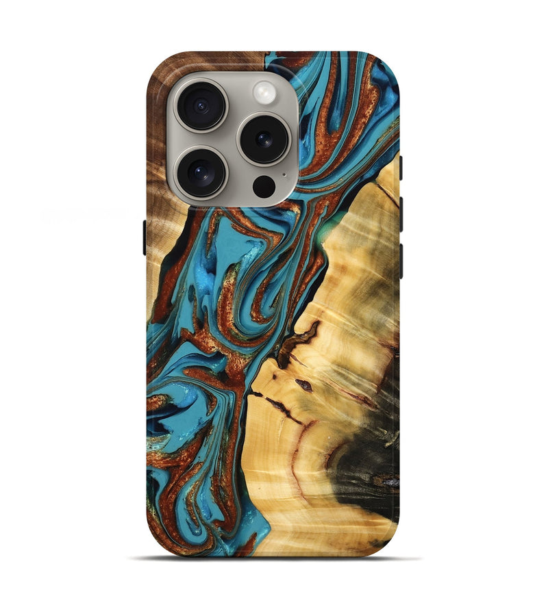 iPhone 16 Pro Wood Live Edge Phone Case - Maci (Teal & Gold, 775964)